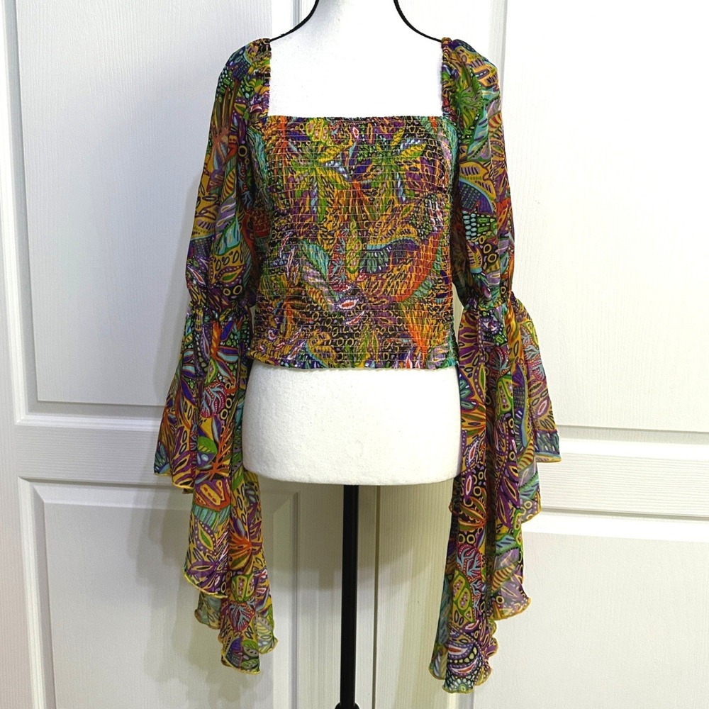 Whimsigoth Flare Sleeve Square Neck Top L Smocked Boho Festival Fairy Tropical